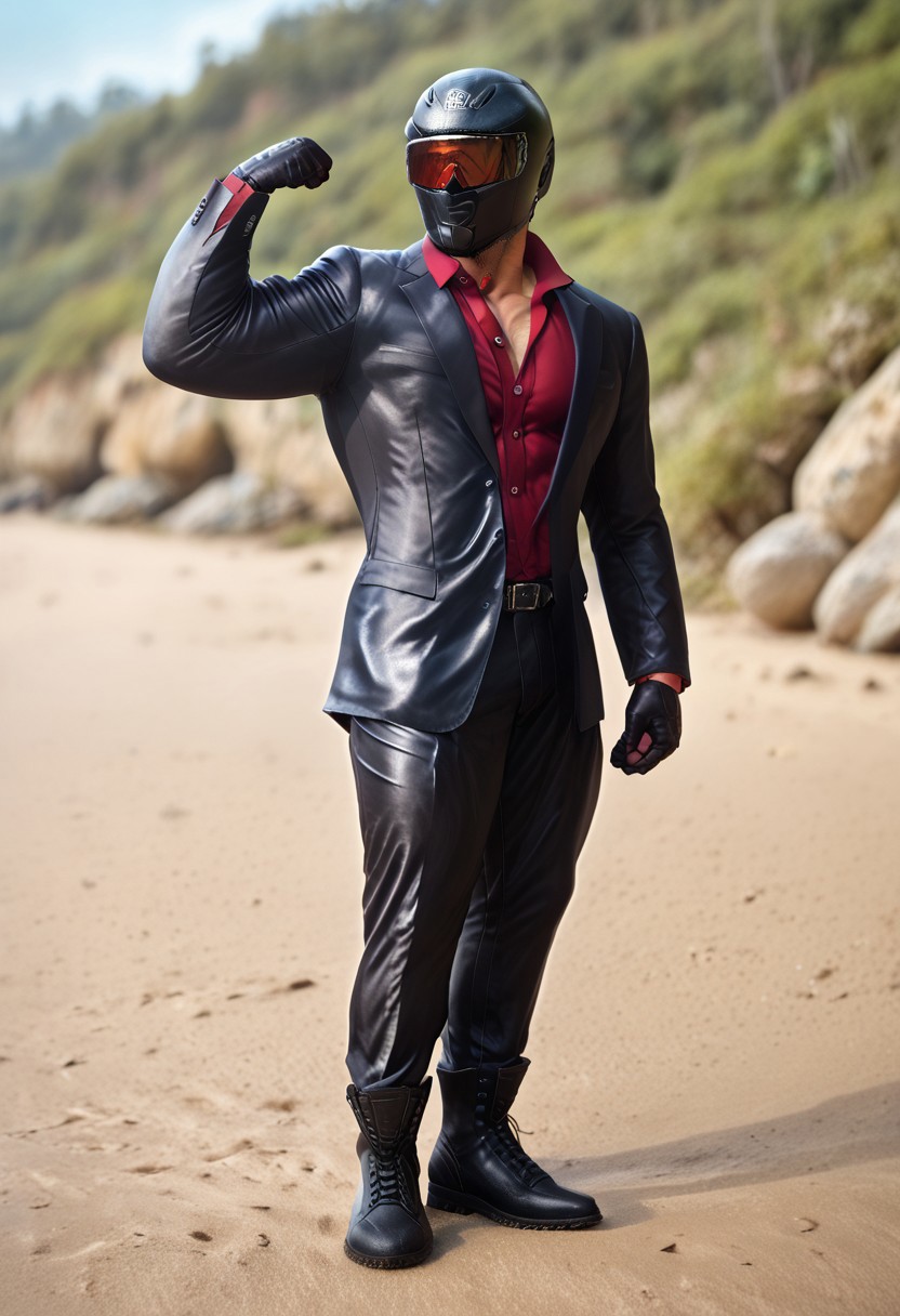 score_9, score_8_up, score_7_up, photo, photorealistic, rating_explicit, (solo:1.1), 1boy, black helmet with tinted visor, muscular male, masculine male, red glossy v neck shirt, black glossy leather blazer suit, formal, glossy pants, belt, skintight, black rubber gloves, black rubber boots, abs, nipples, pecs, flexing, proud, sweaty, outdoors beach, five digits
