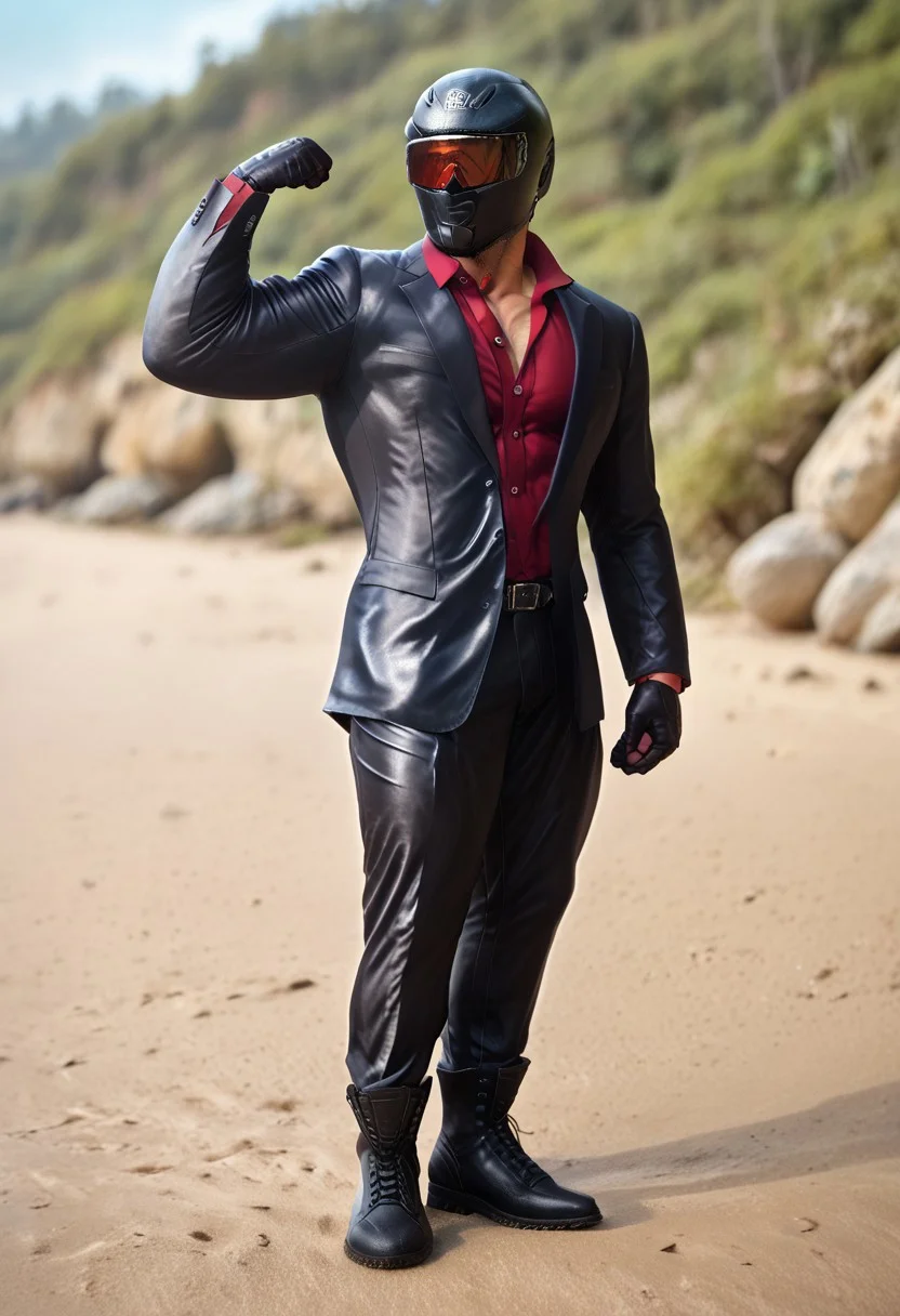score_9, score_8_up, score_7_up, photo, photorealistic, rating_explicit, (solo:1.1), 1boy, black helmet with tinted visor, muscular male, masculine male, red glossy v neck shirt, black glossy leather blazer suit, formal, glossy pants, belt, skintight, black rubber gloves, black rubber boots, abs, nipples, pecs, flexing, proud, sweaty, outdoors beach, five digits