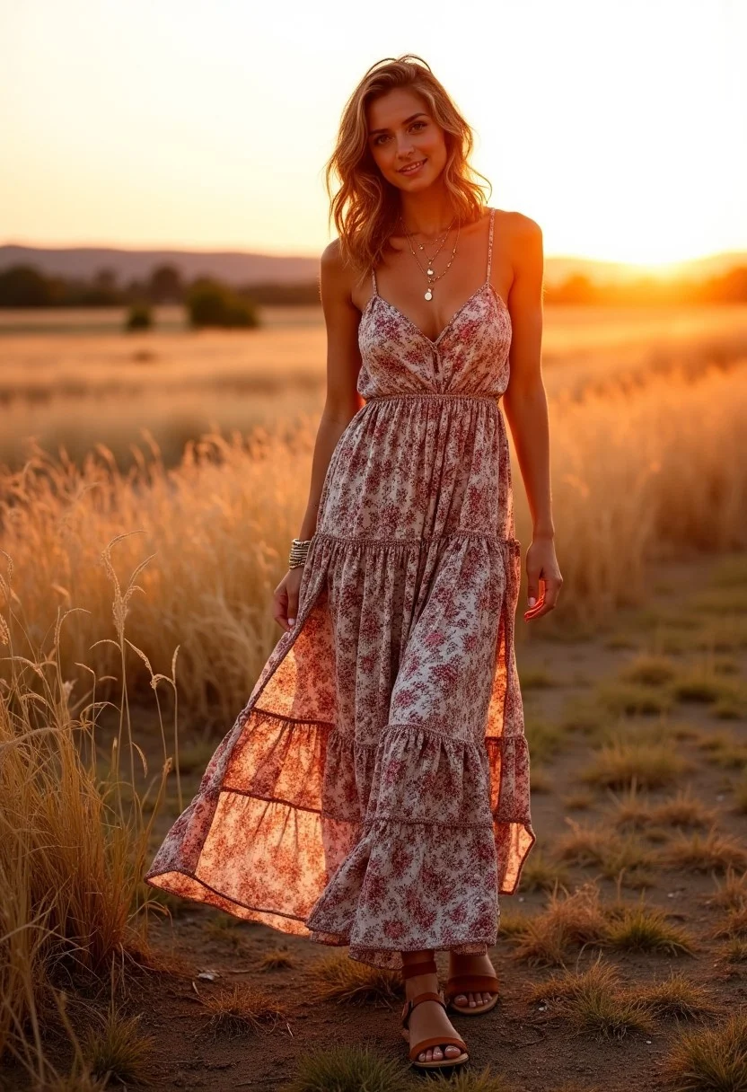 Full-body photo of a woman in a flowing, tiered maxi dress with a bohemian print and adjustable straps. She pairs the outfit with strappy brown sandals and layered necklaces. Her hair is styled in a half-up, half-down look with loose waves. She stands in an open field at sunset, with tall grass swaying in the breeze and warm golden-hour lighting. Shot from a slightly low angle with a 50mm lens to enhance the drama of the flowing fabric and the glowing horizon