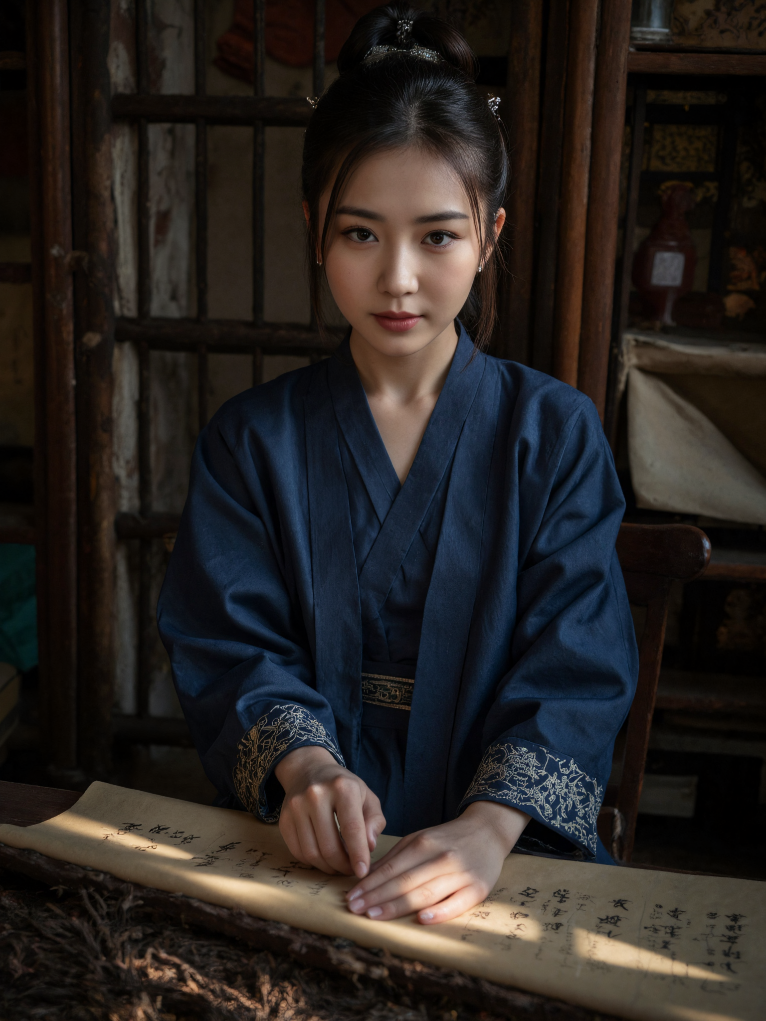 This is a high-resolution photograph capturing a young Asian woman from the waist up, seated indoors in a dimly lit traditional Chinese study. She is dressed in an elegant deep blue hanfu with layered sleeves and delicate silver embroidery along the cuffs and collar.
Her posture is focused yet poised, with one hand holding a calligraphy brush and the other resting gently on a scroll laid out before her. Her dark hair is styled in a neat traditional bun, adorned with silver hairpins and minimalist ornaments suited for a scholarly setting.
The room is low-lit, with shadows filling the background, while a soft, directional beam of warm light from a nearby lantern or window falls across her face and upper body, illuminating the texture of her clothing and the intent look in her eyes. The background features faint outlines of wooden shelves, bamboo blinds, and ancient scrolls.
The composition is intimate and atmospheric, drawing attention to her graceful concentration and the quiet, scholarly elegance of the scene.
<lora:aaaa\girlsmix_mxttly.safetensors:1>