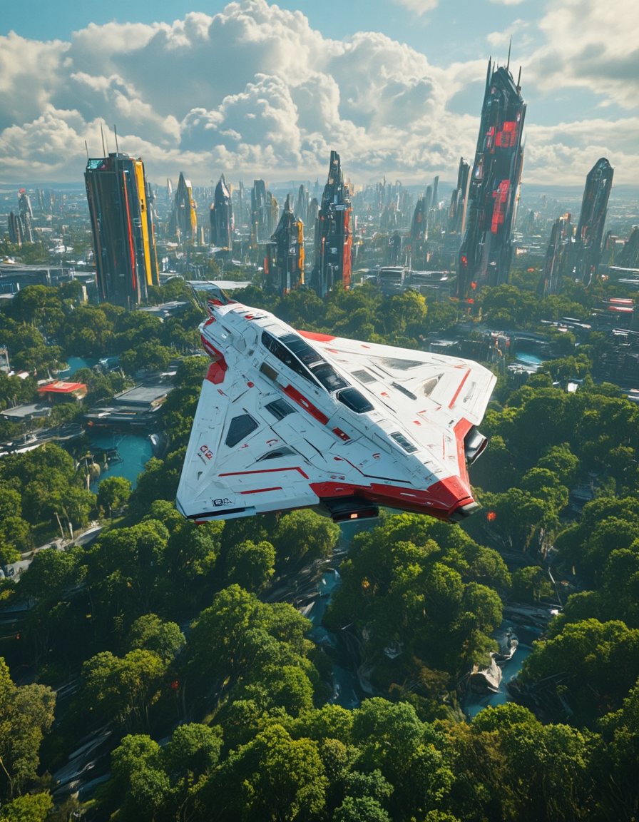 <lora:SW_Minis_7fluxc:1> angular design white spacecraft flying over a forest with rich jungle environment mixed with cyberpunk buildings and structures, cyberpunk cityscape, sunny day, red war paint, aerial view, from side,