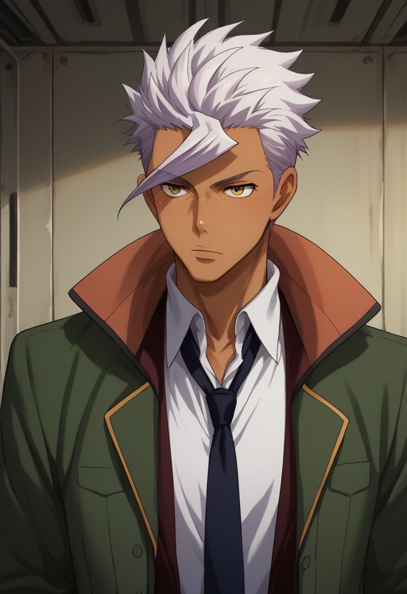 score_9, score_8_up, score_7_up, source_anime, highly detailed,
itsuka, 1boy, 1boy, solo, dark-skinned male, male focus, dark skin, necktie, white hair, yellow eyes, jacket, green jacket, formal, upper body, suit,
indoor, hangar,