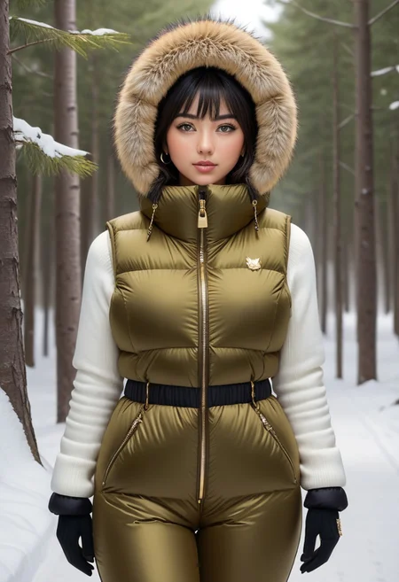 ((((puffer padded jacket)))), ((((puffer padded coat)))), ((((full body)))), ((((fur boots)))), ((((puffer pants)))), ((((puffer hood up)))), winter, snow, forest, 1girl, solo, (masterpiece), detailed face, detailed eyes, (beautiful detailed eyes:1.5), sidelighting, (super detail, hyper detail, intricate_details, detailed), (semi realistic:1.6), (Bob cut), blunt bangs,(black hair), (purple eyes, eyelashs), tanned skin, smug smile, angry face, Golden jewelery, golden rings, golden necklace, golden armlets, golden chains, padded collar, Thick padded collar, <lora:Collar-SDXL:0.6>, <lora:cropped_puffer_vest_v2:0.4>, <lora:snowpants_v1:0.4>