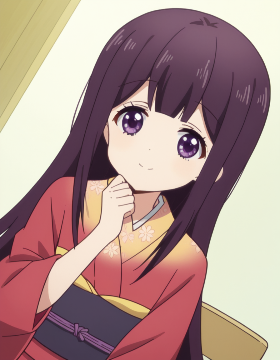 score_9, score_8_up, score_7_up, source_anime, <lora:aika-sakuranomiya-s1-ponyxl-lora-nochekaiser:1>, aika sakuranomiya, long hair, bangs, purple hair, purple eyes, blunt bangs,, japanese clothes, kimono, sash, obi, red kimono,, hospital room, bedside, get well flowers, comforting, quiet, smile, looking at viewer, elbow up, foot forward, hand on chin, solo,, cowboy shot, dutch angle