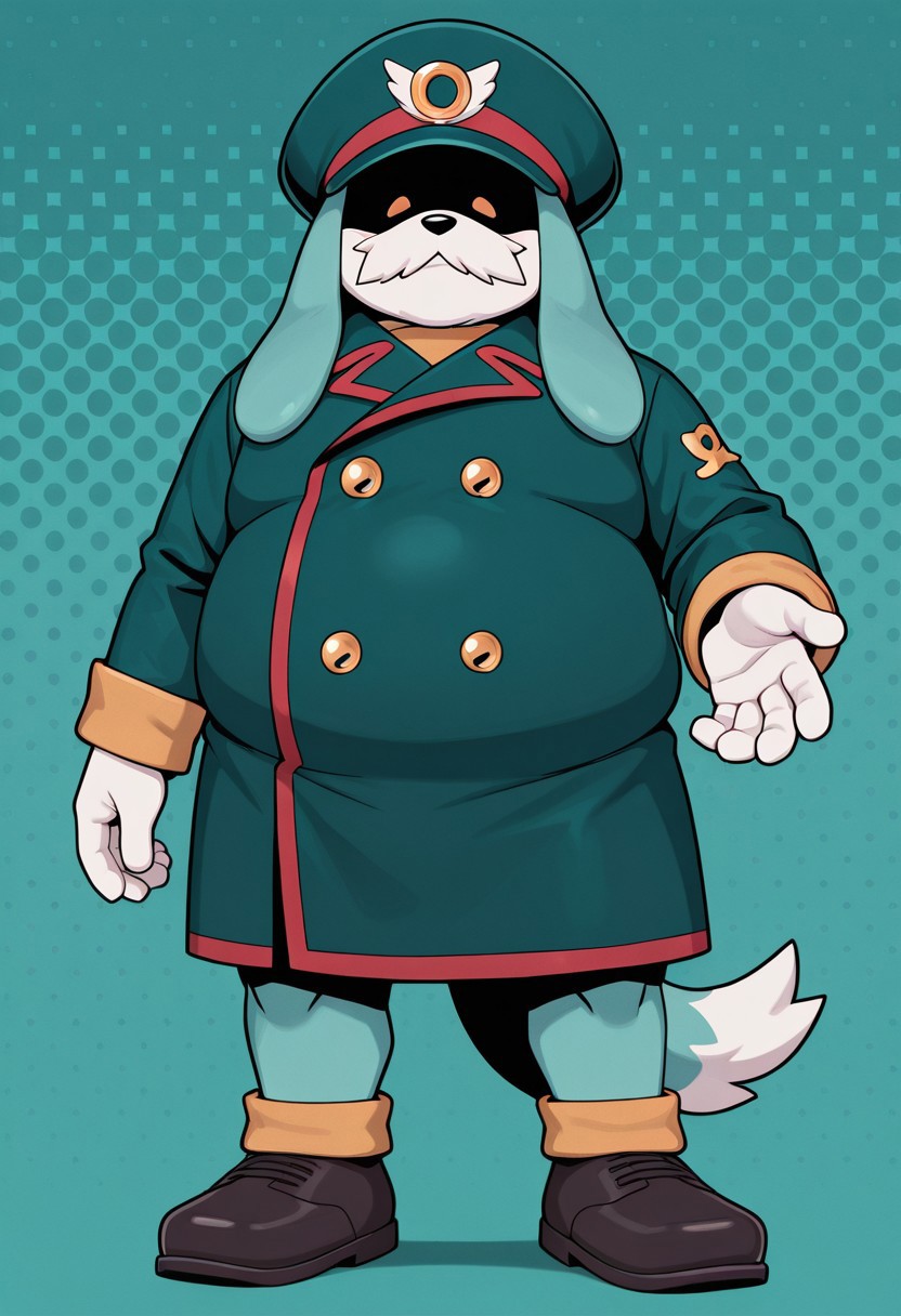 masterpiece, best quality, amazing quality, high detail, absurdres, male, solo, fat male, furry, Conductor. shaded eyes, hat, tail, hat, jacket, buttons, uniform, aqua tiled  background