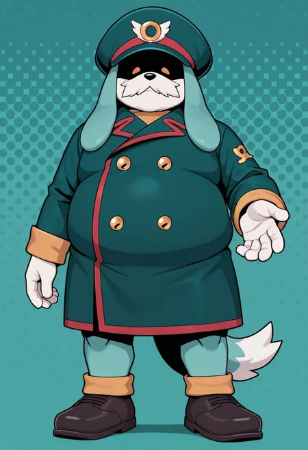 masterpiece, best quality, amazing quality, high detail, absurdres, male, solo, fat male, furry, Conductor. shaded eyes, hat, tail, hat, jacket, buttons, uniform, aqua tiled background
