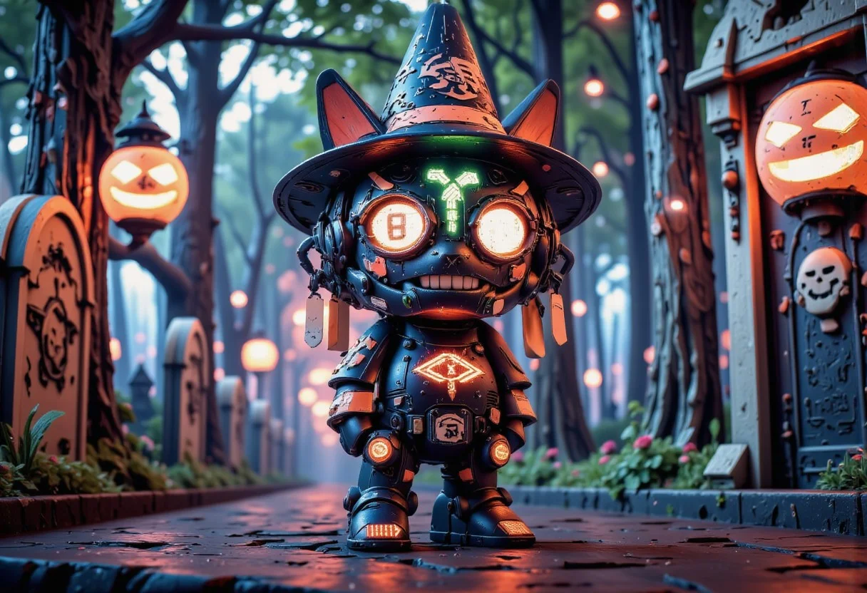 A peculiarly adorable creature with a spooky yet charming demeanor, standing in a dimly lit, Halloween-inspired environment. The creature, a cross between a cat and a bat, boasts vibrant neon fur that shimmers with an <lora:artHW24NEON:1> color scheme, casting an eerie yet playful glow. Its wide-brimmed witch hat, embellished with a candy corn band, tilts slightly to one side, revealing a pair of bright red eyes that gleam with a mischievous twinkle. The creature's fangs peek out from its open mouth, which is curled into a grin that suggests both friendliness and a hint of menace. Above the mouth is a distinctive scar that runs from the right corner of the upper lip to the left side of the snout, lending an air of mystery and adventure. The scene is set in a whimsical graveyard with a twist, as the tombstones are decorated with smiling jack-o'-lanterns and the trees are draped with colorful streamers rather than cobwebs. The overall atmosphere is one of creepy-cute allure, blending the macabre charm of Halloween with the endearing aesthetic of a whimsical masquerade ball. The creature's pose is curious and inviting, as if it's ready to share a spooky secret or lead you on a trick-or-treating escapade. The vibrant colors and soft shadows create an enchanting tableau that captures the essence of the holiday while keeping it lighthearted and fun.