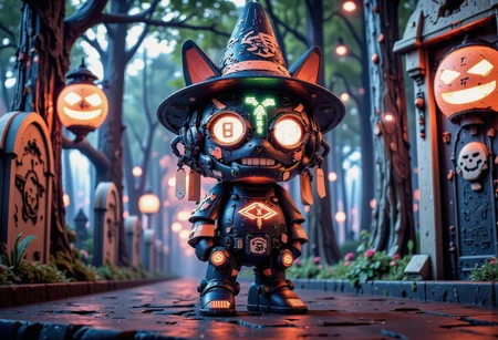 A peculiarly adorable creature with a spooky yet charming demeanor, standing in a dimly lit, Halloween-inspired environment. The creature, a cross between a cat and a bat, boasts vibrant neon fur that shimmers with an <lora:artHW24NEON:1> color scheme, casting an eerie yet playful glow. Its wide-brimmed witch hat, embellished with a candy corn band, tilts slightly to one side, revealing a pair of bright red eyes that gleam with a mischievous twinkle. The creature's fangs peek out from its open mouth, which is curled into a grin that suggests both friendliness and a hint of menace. Above the mouth is a distinctive scar that runs from the right corner of the upper lip to the left side of the snout, lending an air of mystery and adventure. The scene is set in a whimsical graveyard with a twist, as the tombstones are decorated with smiling jack-o'-lanterns and the trees are draped with colorful streamers rather than cobwebs. The overall atmosphere is one of creepy-cute allure, blending the macabre charm of Halloween with the endearing aesthetic of a whimsical masquerade ball. The creature's pose is curious and inviting, as if it's ready to share a spooky secret or lead you on a trick-or-treating escapade. The vibrant colors and soft shadows create an enchanting tableau that captures the essence of the holiday while keeping it lighthearted and fun.