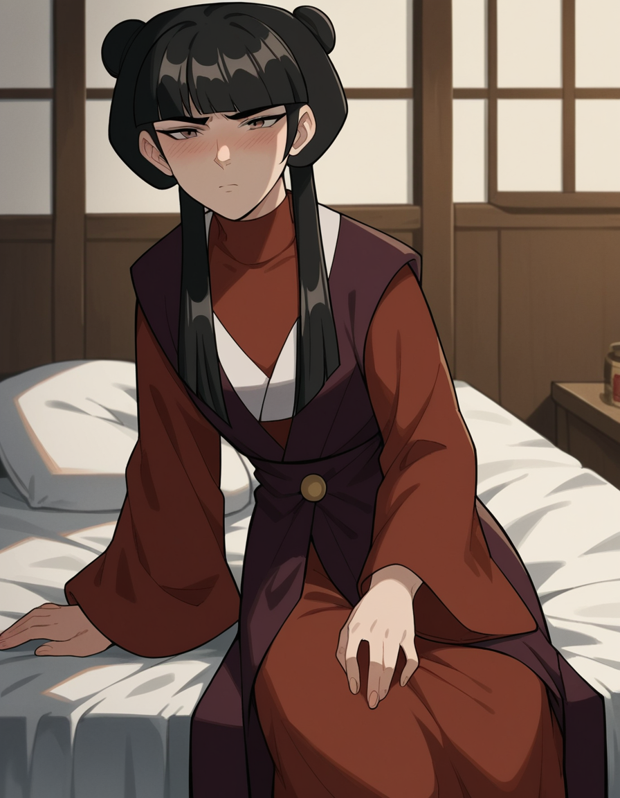 score_9, score_8_up, score_7_up, source_anime, <lora:mai-book2book3-ponyxl-lora-nochekaiser:1>, mai, sidelocks, long hair, black hair, lunt bangs, hair bun, double bun,, chinese clothes, turtleneck, long sleeves, wide sleeves,, indoors, bed, bed room, on side, blush, drunk, looking at viewer, solo,, cowboy shot, dutch angle