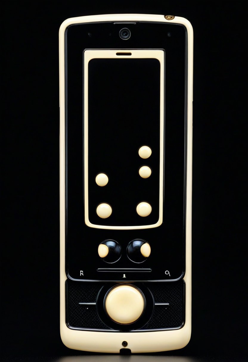 masterpiece, amazing quality, best quality, very aesthetic,  
mobile phone made out o, ebony, ivory, complex gadget, black screen, ivory buttons, tumblers,
detailed Realistic photography.