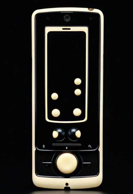 masterpiece, amazing quality, best quality, very aesthetic,  
mobile phone made out o, ebony, ivory, complex gadget, black screen, ivory buttons, tumblers,
detailed Realistic photography.