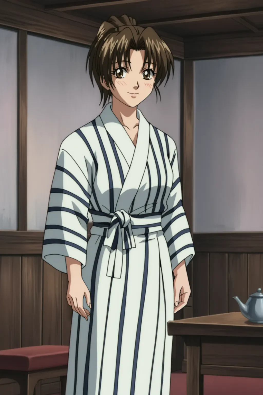 score_9, best, masterpiece, uncensored,
indoors,
1girl, solo, 1990s (style), retro artstyle, official style, smile,
vertical-striped yukata,
<lora:ShinjinTourConductorPonytailGirl:0.8>​​​