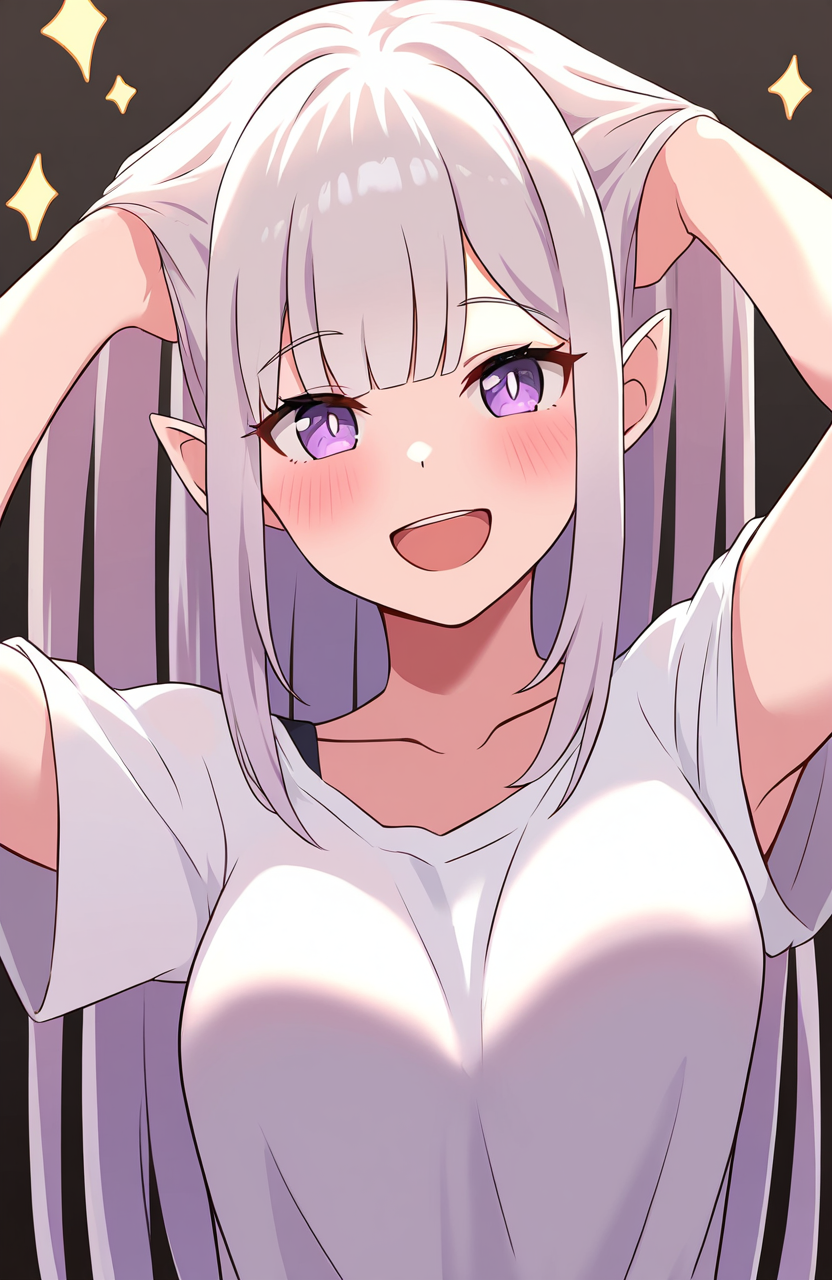 (Score_9,  score_8, score_6, score_7:0.6), masterpiece, best quality, good quality, newest, Emilia, 1girl, hands in hair, purple eyes, pointy ears, white shirt, smile, open mouth, looking at viewer, short sleeves, :d, upper body, grey hair, arms up, medium breasts, collarbone, star \(symbol\), elf,  <lora:Emilia-Illustrious-V2:1>âââ