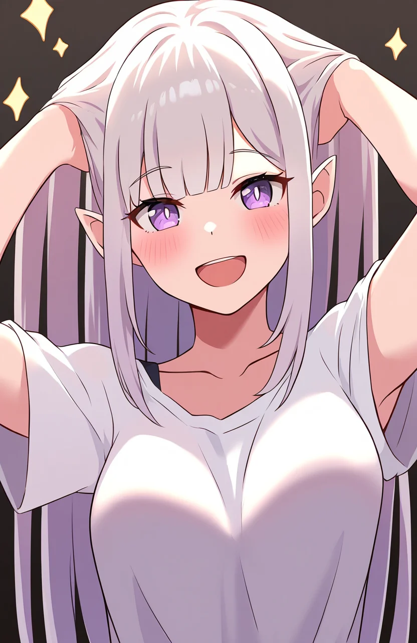 (Score_9, score_8, score_6, score_7:0.6), masterpiece, best quality, good quality, newest, Emilia, 1girl, hands in hair, purple eyes, pointy ears, white shirt, smile, open mouth, looking at viewer, short sleeves, :d, upper body, grey hair, arms up, medium breasts, collarbone, star \(symbol\), elf, <lora:Emilia-Illustrious-V2:1>âââ