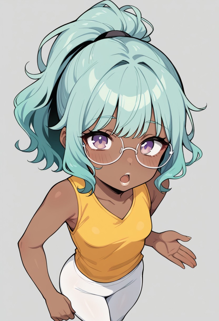 score_9, score_8_up, score_7_up, score_6_up, 1girl, solo, perfect hand, small breasts, (dark skin:1.2), (skinny:1.1), wavy_hair, green fur, light teal hair, medium hair, high ponytail, bangs, light lavender eyes, glasses, white leggings, yellow vest, from_above, standing, open mouth, (white lipstick:1.1)
