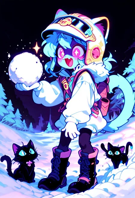 masterpiece, best quality, simple illustration, 1cat, , superdeformer, cute, snow suite, snow glasses, urban clothing, big boots, helmet, full body, solo, dark background, sparkles, vivid colors, vertical pupils,fang, tail , mcnm, in the style of cknc, cute_style01f1, snowball fight