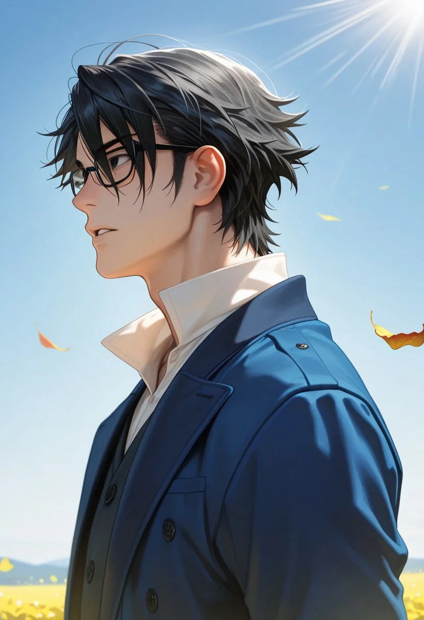masterpiece, best quality, amazing quality, absurdres, newest, detailed background, definition so sharp, Ultra-HD, 8K cinematic, very awa, impressionate, amazing quality, highres, d10w21ll,
solo, male focus, manly, mature male, bara, day, blue sky, outdoor, sunbeam, windy, flying leaf,
1boy, short hair, glasses, saruhikofushimi, saruhiko_black hair, saruhiko_black eyes, blue coat, collared shirt, side view, looking far away,
calm expression, parted lips, depth on field, upper body, focus on scene