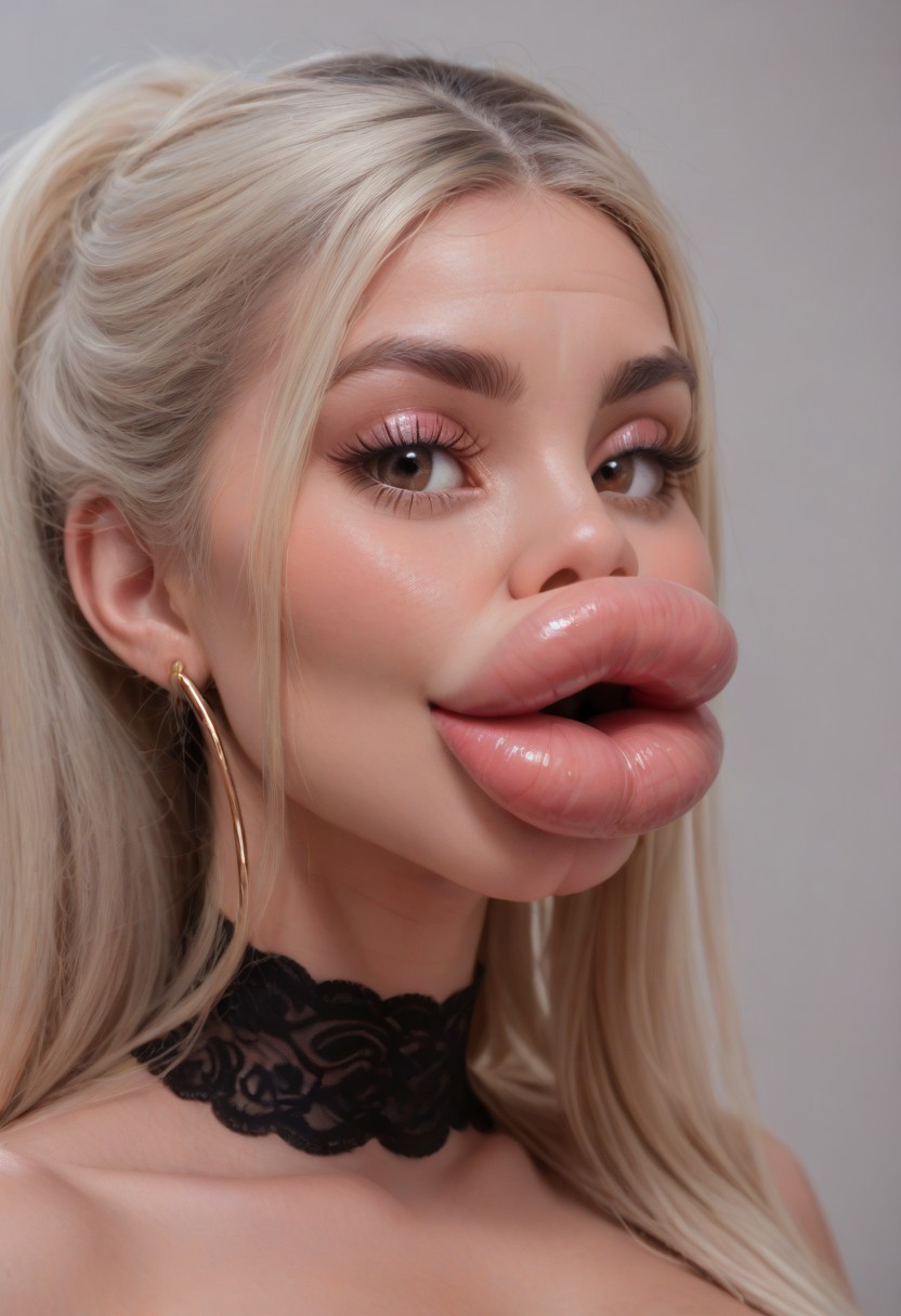 score_9, score_8_up, score_7_up, realistic, award winning photograph, high resolution, high detail, realistic shadows, (extremely long platinum blonde hair), lace choker, black choker, earrings, eyeshadow, eyeliner, brown eyes, heavy blush, lip gloss, enormous bimbo filler lips, large lips, huge lips:1.8, enormous lips:1.8, gigantic lips:1.8, full lips:1.8, filler lips, bimbo lips, hyper lips, enormous fake plastic lips, bursting lips, overfilled lips, filled lips, puffy lips, inflated lips, side view:1.8, side profile, smiling