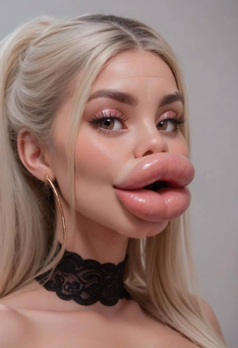 score_9, score_8_up, score_7_up, realistic, award winning photograph, high resolution, high detail, realistic shadows, (extremely long platinum blonde hair), lace choker, black choker, earrings, eyeshadow, eyeliner, brown eyes, heavy blush, lip gloss, enormous bimbo filler lips, large lips, huge lips:1.8, enormous lips:1.8, gigantic lips:1.8, full lips:1.8, filler lips, bimbo lips, hyper lips, enormous fake plastic lips, bursting lips, overfilled lips, filled lips, puffy lips, inflated lips, side view:1.8, side profile, smiling