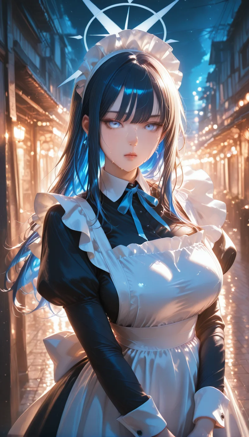 <lora:LCMTurboMix_Euler_A_fix:1> <lora:example_SDXL:0.3>, EZRealPONYXL, <lora:Dramatic Lighting Slider:3>  <lora:realistic filter [IL]:1>
DSLR,realistic,cosplay photo, (very awa,masterpiece,best quality,year 2024,newest,absurdres,highres:1), realistic,skin texture,facial features, photography shot with Canon EOS 5D Mark IV , realistic, RAW, best quality, masterpiece, amazing quality, skin details,
detailed background, shiny skin, dutch angle, night, moonlight,
beautiful detailed eyes, intricate details, absurdres, anime screencap,
 <lora:JoumaeSaori_BlueArchive_ILXL_kill0825:1>
BA_JSaori, blue eyes, large breasts, black hair, blue hair, multicolored hair, two-tone hair, halo, colored inner hair, blue halo, dark blue hair, bokeh, 
long sleeves, dress, bow, ribbon, frills, puffy sleeves, black dress, apron, maid, maid headdress, neck ribbon, blue ribbon, juliet sleeves, white apron, maid apron, frilled apron, enmaided, collared dress