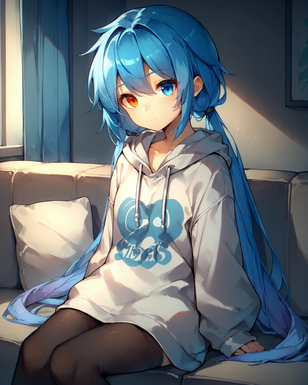 score_9, score_8_up, score_7_up, score_6_up, <lora:spp-1:0.8>, 1girl, (solo), spp1, blue hair, low twintails, long hair, gradient hair, blue eyes, heterochromia, orange eyes, oversized sweater hoodie, black thighighs, sitting on sofa, indoors,