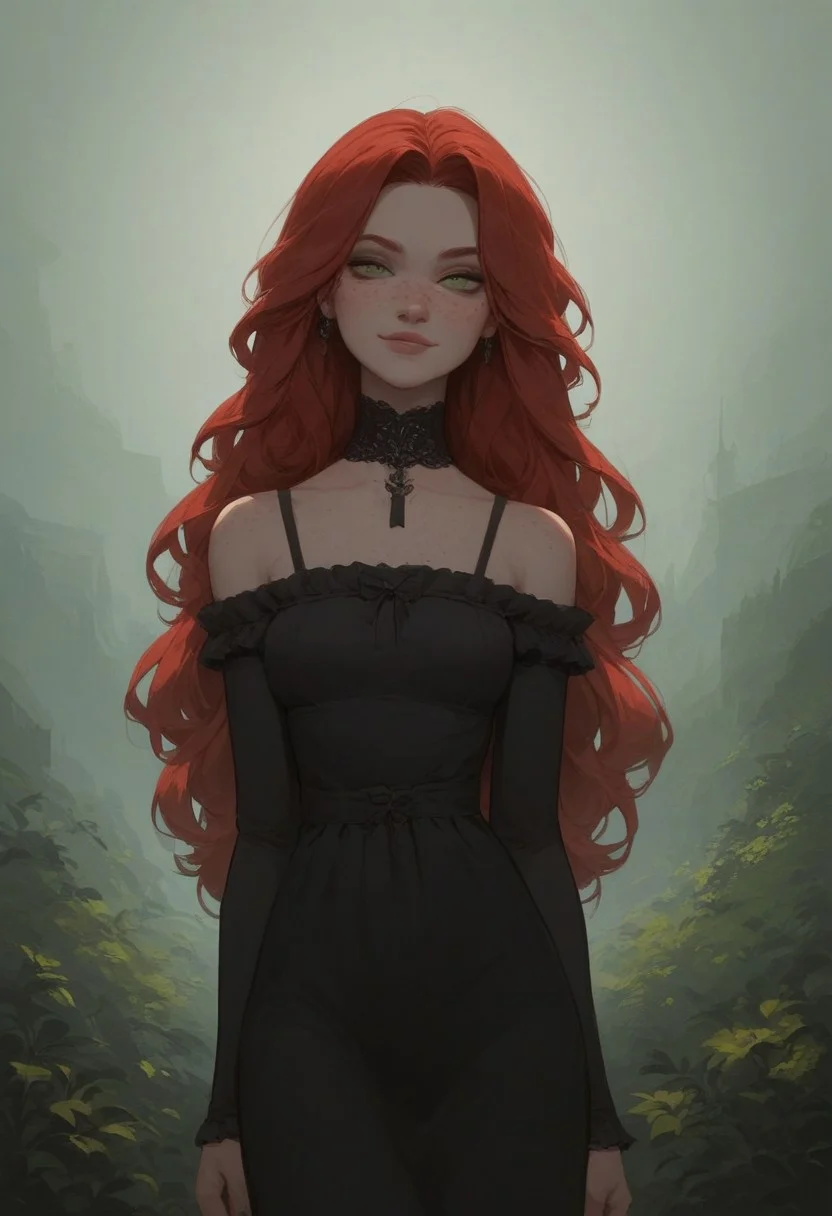 score_9, score_8_up, score_7_up, Expressive, 1girl, solo, red hair, long hair, freckles, green eyes, pale skin, small breasts, goth, seductive smile, black sundress, high res image, masterpiece, outdoors,