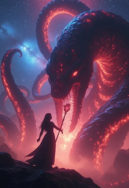 In a surreal, high-resolution photograph inspired by 1990s space operas, an astral sorceress’s silhouette floats in zero gravity, wielding a staff that glows with cosmic energy. She confronts a colossal, translucent cosmic kraken with seven tentacles, each pulsating with vibrant, multicolored stardust. The dark-red creature, filled with a blood-like substance, has intricate, celestial patterns that glow with the colors of the nebula. The background features a breathtaking view of a distant galaxy, with the Milky Way providing a cosmic backdrop. The scene is captured from an expansive, wide-angle shot, highlighting the vastness of space and the sorceress’s ethereal presence. Atmospheric haze, film grain, and shallow depth of field create an epic, high-budget cinematic feel.