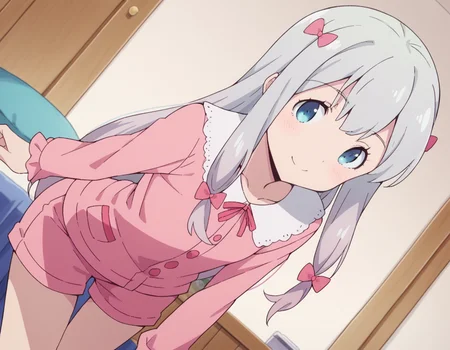score_9, score_8_up, score_7_up, source_anime,
sagiriizumi, <lora:sagiri-izumi-s1-ponyxl-lora-nochekaiser:1>,
sagiri izumi, long hair, blue eyes, bow, hair bow, grey hair, pink bow,
ribbon, shorts, pink shirt, pajamas, pink shorts,
indoors, bent over, smile,
solo, looking at viewer, cowboy shot, dutch angle,