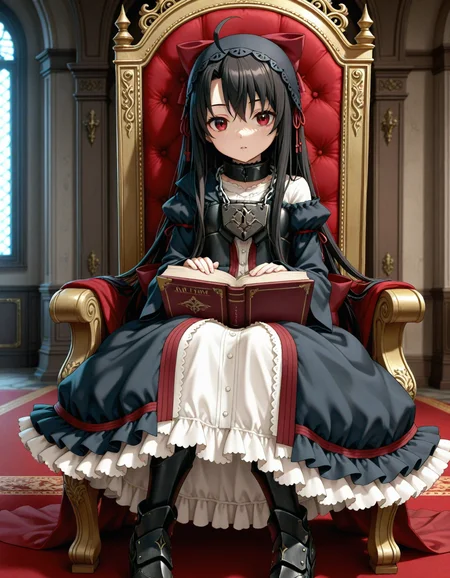 1girl,
very awa, red eyes, black hair, long hair, very long hair, ahoge, daliandress, padlock, collar, metal collar, chain, black dress, headdress, long sleeves, hair bow, large bow, red bow, armored boots, frills, book, holding book, indoors, sitting, high up, bow, frilled dress, padlocked collar, black headdress, knees together feet apart, goth fashion, holding, looking at viewer, dress, foot out of frame, detached sleeves, solo, parted lips, lock, throne room,
masterpiece, best quality, newest, highres, absurdres, general
<lora:NoobV065sHyperDmd:1> <lora:NovelDalian_IXL:1>