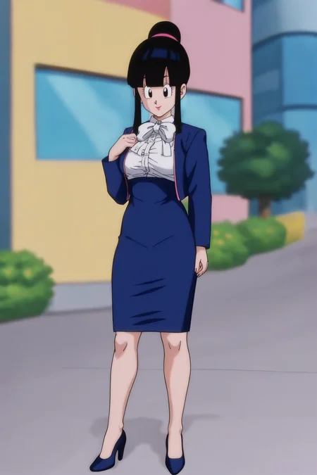 source_anime, score_9, score_8_up, score_7_up, anime screencap, absurdres, official style,
chi-chi, bangs, black hair, blunt bangs, sidelocks, hair bun, single hair bun, black eyes,
1girl, solo,outdoors, city, ((selfie)), street, day, cityscape, cloudy sky, 
broly movie, bowtie, blue jacket, open jacket, long sleeves, white shirt, dress shirt, pencil skirt, blue skirt, high-waist skirt, high heels, blue footwear,
 <lora:chichi_pony_v3e20:0.8>