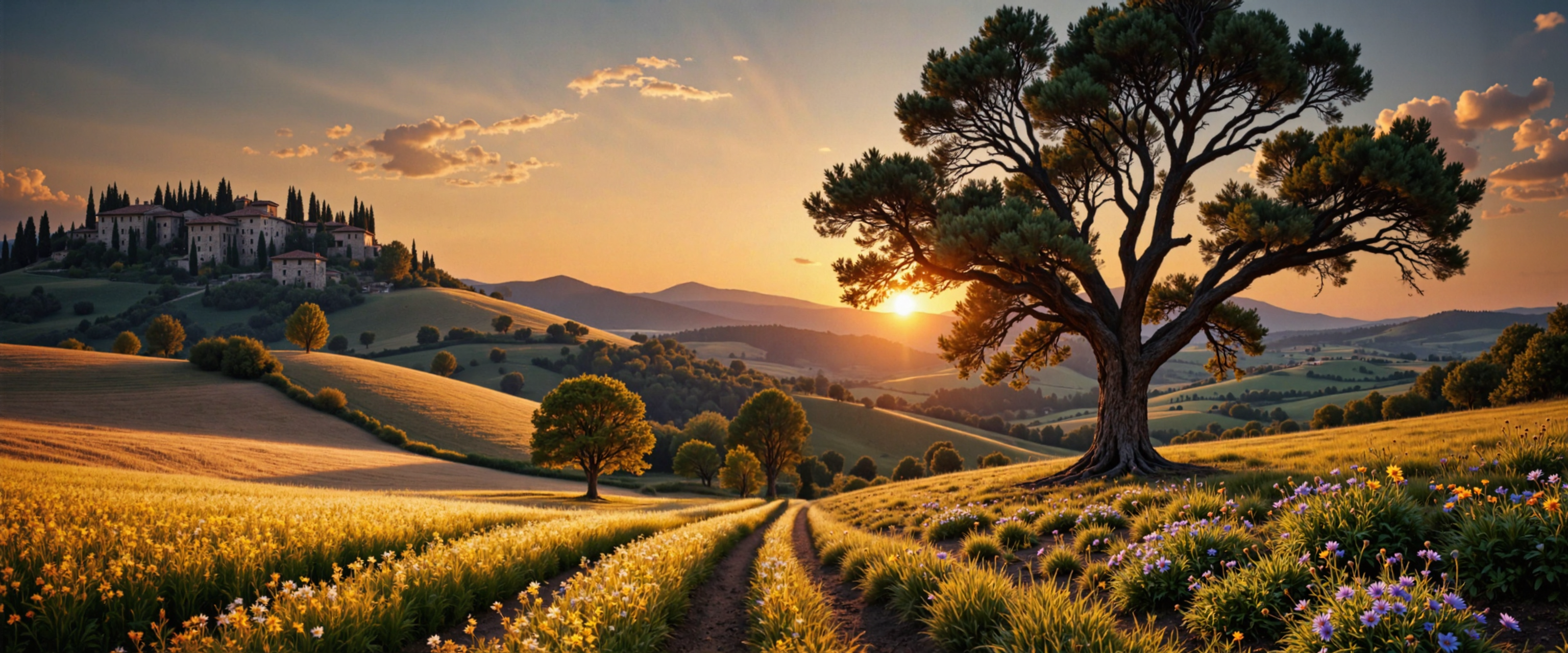 masterwork landscape photography, rembrandt lighting style, dappled sunlight, crepuscular rays, ultra-high-resolution, 8k, 4k, highly detailed, a picturesque tuscan countryside with rolling hills covered in golden wheat fields and wildflower meadows, small groves and hedges add rhythm to the terrain. in the foreground, delicate blue cornflowers and wildflowers sway at the edge of a wheat field and a large oak tree stands slightly off-center to the right, its thick trunk and expansive canopy silhouetted against the vibrant sky, casting long dappled shadows that ripple across the field. a rustic stone farmhouse in typical tuscan architectural style with a red-tiled roof rests on a hill to the left in the middle ground, the house, encircled by tall cypress trees, exudes a rustic charm and warmth, while subtle architectural details catch the low sun. the sun is partially obscured behind the oak tree, casting rich golden rays across the landscape, warm tones of orange and amber blend with cooler sky blues near the upper frame, the sky transitions from intense color near the horizon to a soft, airy gradient above. slightly elevated camera angle offers a sweeping, painterly view of the hills, with the oak and farmhouse as balancing compositional anchors. rembrandt lighting with dappled sunlight and soft atmospheric haze, golden hour glow with gentle contrast, dreamy yet realistic tones. shot on fujifilm provia 100f with a leica s3, ultra-high-resolution medium format scan, lens equivalent to 120mm, fine-grain film texture preserved for luminous detail in light and shadow, ovg, <lora:image_enhancer-flux-by_dever:0.72> <lora:style-rembrandt_lighting-xl-by_vantablackdark:0.72>