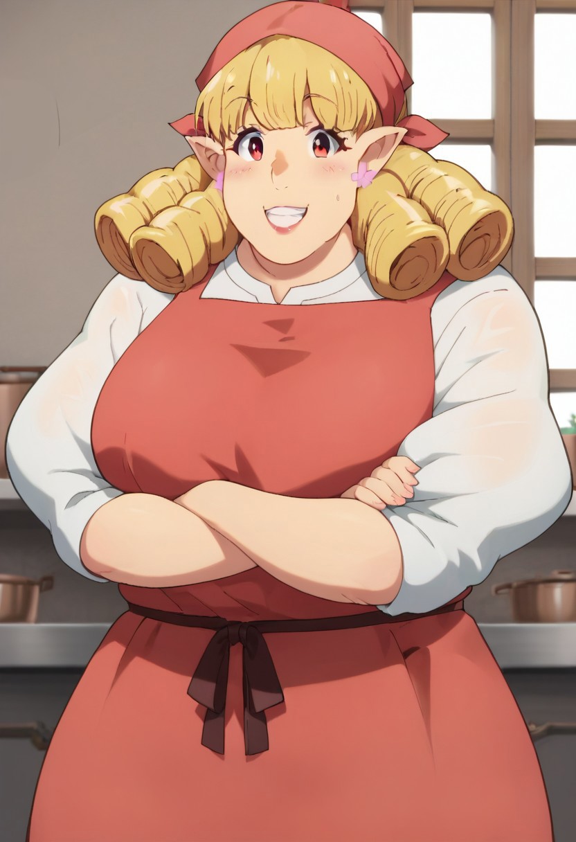 score_9,score_8_up,score_7_up,score_6_up,best quality,masterpiece, background is mileno kitchen, 1girl, solo, anime coloring,
BREAK
mileno, (mature female:1.2), pointy ears, plump, red bandana, blonde hair, drill hair, bangs, earrings, grin, blush, large breasts, white sweater, rolled up sleeves, red apron, crossed arms, wide hips, looking at viewer,