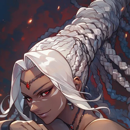 Tatloch, dark-skinned female, red eyes, white hair, long hair, braid, dreadlocks, jewelry, bare shouders, portrait, face focus, masterpiece, beautiful art, beautiful eyes, beautiful face, delicate artwork), score_9, score_8_up, score_7_up, 1girl, homare