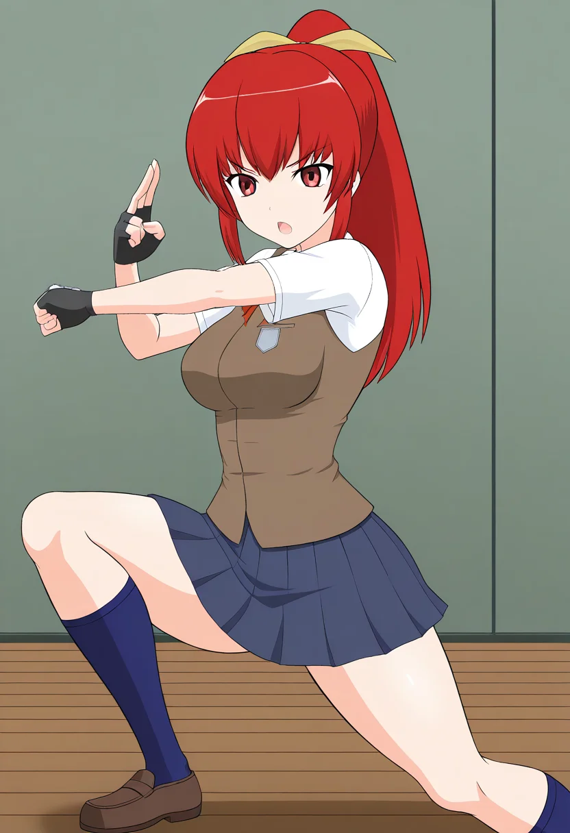 1girl, solo, satsukirindorival, red hair, ponytail, hair ribbon, red eyes, shirt, short sleeves, vest, breasts, skirt, fingerless gloves, blue socks, shoes, school uniform, indoors, fighting stance, open mouth