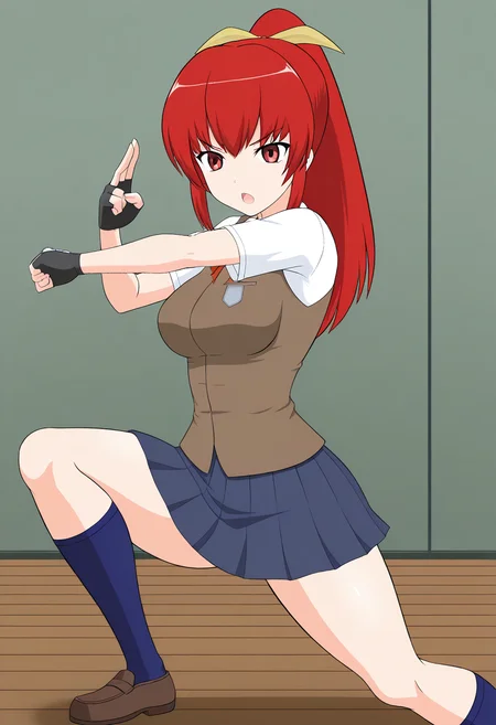 1girl, solo, satsukirindorival, red hair, ponytail, hair ribbon, red eyes, shirt, short sleeves, vest, breasts, skirt, fingerless gloves, blue socks, shoes, school uniform, indoors, fighting stance, open mouth