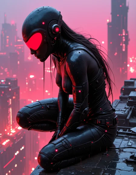 Highly detailed and hyper-realistic, close-up shot of a futuristic rogue with glowing red cybernetic visor, crouched on a rooftop overlooking a sprawling, neon-lit cityscape. Rain streaks down her matte black armor, blending with the dazzling reflections below. Neon Magenta hue and Onyx Black tint <lora:artisketchyfs-v02:0.8>