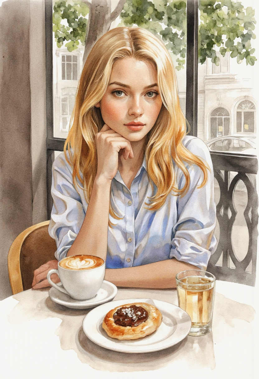 painting of beatiful woman sitting in Café, pastry on plate, coffee on the table, watercolor style