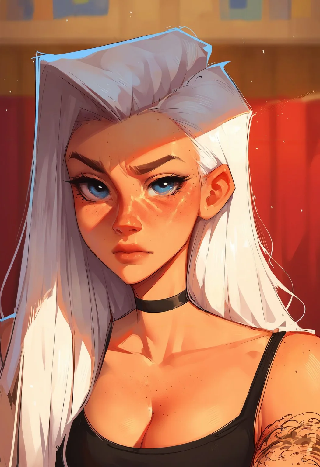 score_9,score_8_up,core_7_up, <lora:samdoesarts_pdxl_v1:1>1girl, solo, long hair, breasts, choker, cleavage, looking at viewer, tattoo, black choker, white hair, upper body, lips, blue eyes, freckles, closed mouth, bare shoulders