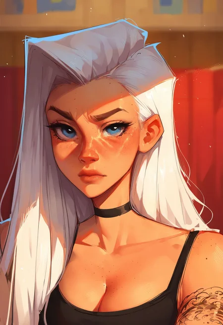 score_9,score_8_up,core_7_up, <lora:samdoesarts_pdxl_v1:1>1girl, solo, long hair, breasts, choker, cleavage, looking at viewer, tattoo, black choker, white hair, upper body, lips, blue eyes, freckles, closed mouth, bare shoulders