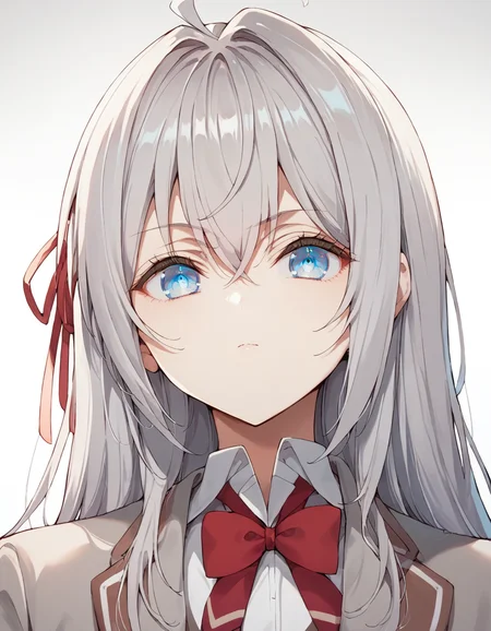 score_9, score_8_up, score_7_up, source_anime,
1girl, school, portrait, gradient background, front view, looking at viewer,
alya, long hair, silver hair, ahoge, crossed bangs, hair ribbon, sidelocks, blue eyes
school uniform, grey jacket, open jacket, red bow, white shirt,
<lora:alya_anime_v2-soralz:1>