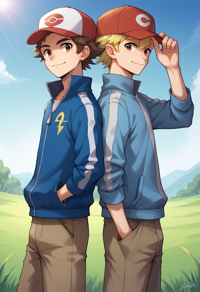 score_9, score_8_up, source_anime, highly detailed, 
hat, multiple boys, 2boys, male focus, brown hair, baseball cap, blonde hair,
jacket, blue jacket, closed mouth, brown eyes, shirt, smile, brown pants,
zipper pull tab, hand on headwear, back-to-back,
outdoor,