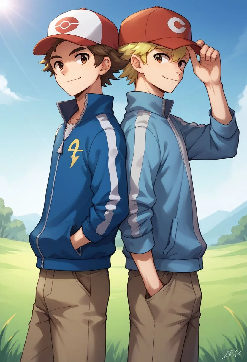 score_9, score_8_up, source_anime, highly detailed,
hat, multiple boys, 2boys, male focus, brown hair, baseball cap, blonde hair,
jacket, blue jacket, closed mouth, brown eyes, shirt, smile, brown pants,
zipper pull tab, hand on headwear, back-to-back,
outdoor,