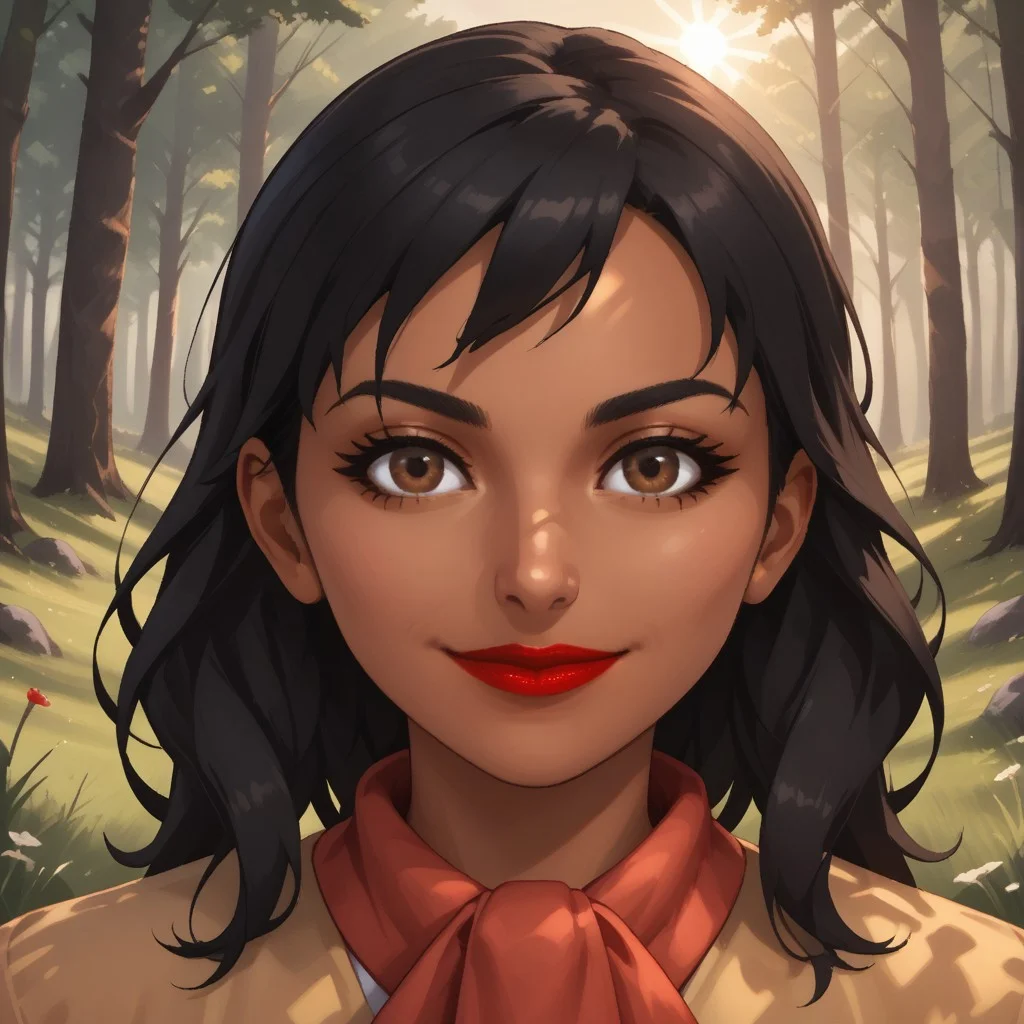 score_9, score_8, BREAK, solo, Cristina_WSC, black hair, brown eyes, dark skin, red lips, dark skin female, sexy pose, self portrait, smile, outdoors, sunlight, shadows, evening lighting, natural lighting, forest, trees, grass, orange sky, sunset