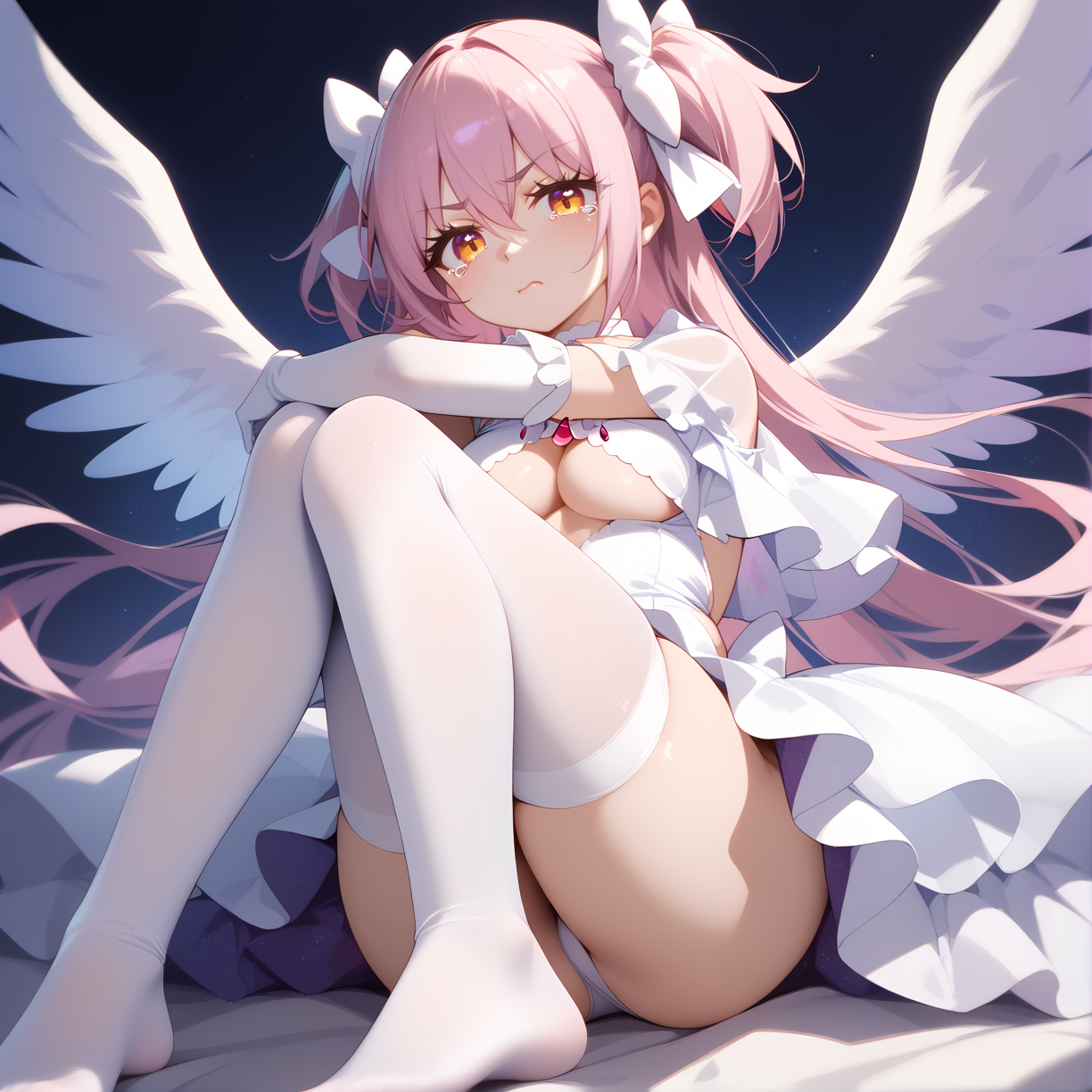 (score_9,score_8_up,score_7_up) BREAK uncensored BREAK 1girl,solo,(medium breasts:1.4),
disgust,scowl,closed mouth,tears,
BREAK
BREAK feet,(foot_focus:1.3),
BREAK
BREAK
BREAK
BREAK
(hugging_own_legs:1.6) BREAK angel wings,
BREAK <lora:madoka_god:0.8>,
(ultimate madoka,kaname madoka,long hair,pink hair,very long hair,bangs,hair between eyes,two side up,white bow,yellow eyes),(choker,white choker,gloves,white gloves,underboob,underwear,clothing cutout,cleavage cutout,covered navel,wide sleeves,frills,dress,white dress,frilled dress),(thighhighs,white thighhighs),