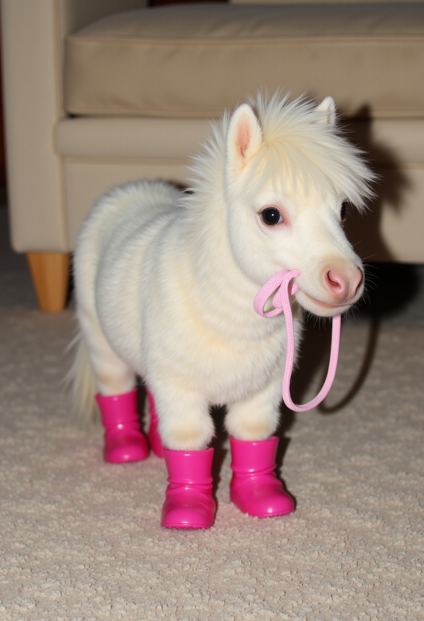 A miniature white pony wearing (bright pink boots:1.2) stands on a soft carpet indoors. [Its mane is neatly brushed], and the pony holds a (light pink leash:0.8) in its mouth, giving a playful and cute expression. BREAK Behind the pony, [the background is blurred], focusing attention on the pony and its colorful accessories. The overall scene balances the soft, fluffy fur of the pony with the vivid contrast of the pink boots and leash.