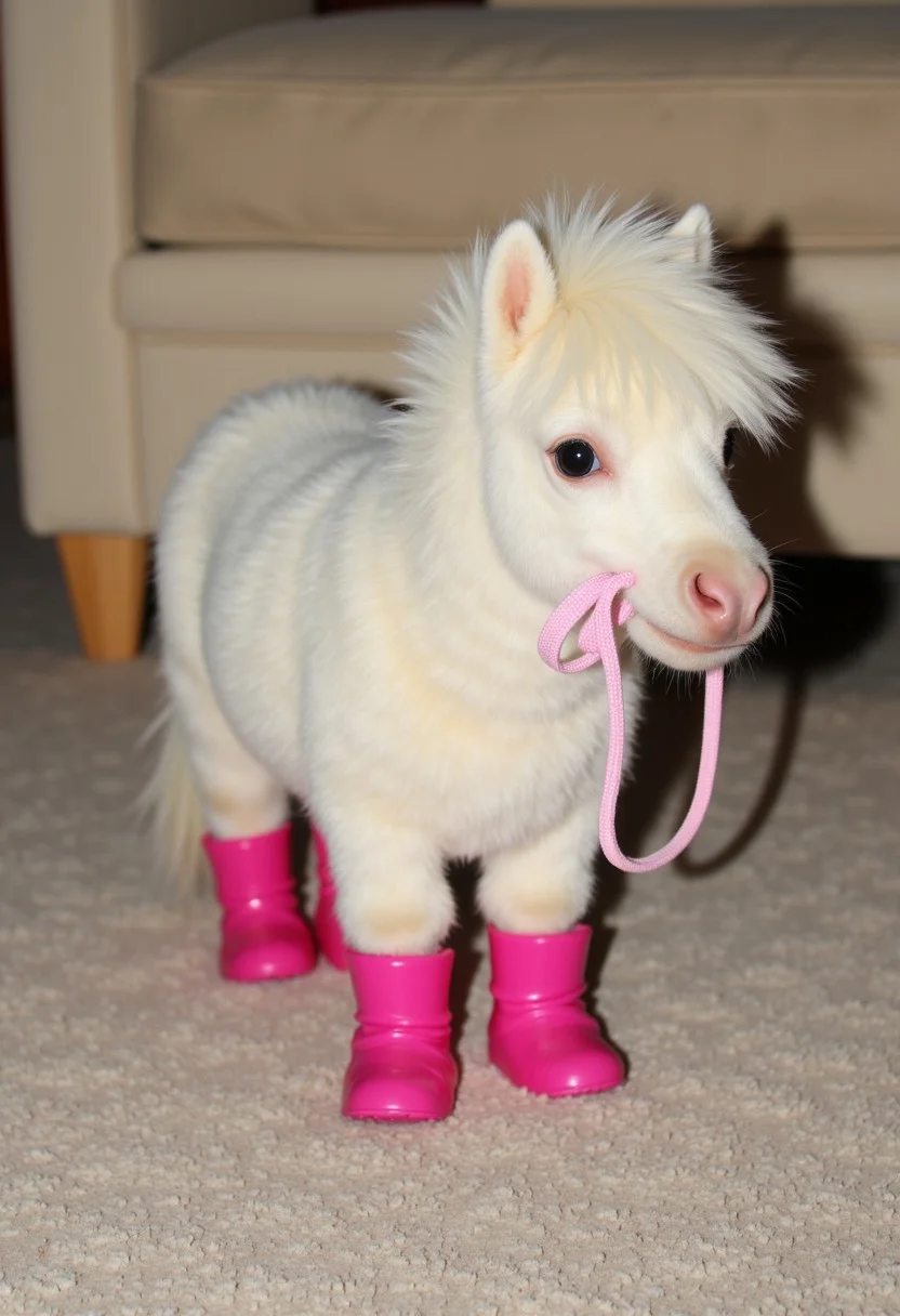 A miniature white pony wearing (bright pink boots:1.2) stands on a soft carpet indoors. [Its mane is neatly brushed], and the pony holds a (light pink leash:0.8) in its mouth, giving a playful and cute expression. BREAK Behind the pony, [the background is blurred], focusing attention on the pony and its colorful accessories. The overall scene balances the soft, fluffy fur of the pony with the vivid contrast of the pink boots and leash.