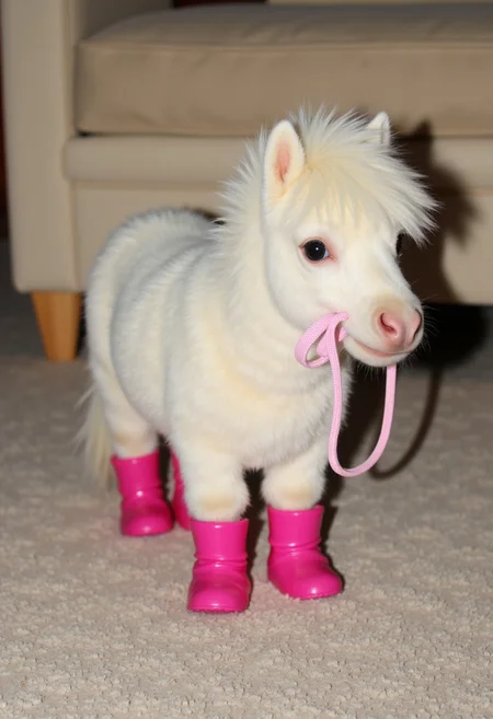 A miniature white pony wearing (bright pink boots:1.2) stands on a soft carpet indoors. [Its mane is neatly brushed], and the pony holds a (light pink leash:0.8) in its mouth, giving a playful and cute expression. BREAK Behind the pony, [the background is blurred], focusing attention on the pony and its colorful accessories. The overall scene balances the soft, fluffy fur of the pony with the vivid contrast of the pink boots and leash.