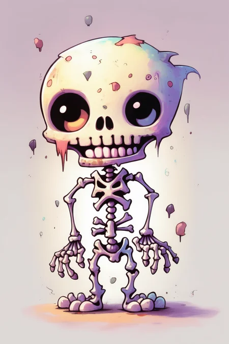 <lora:Skottie Young Style:1>Skottie Young Style - Cute monster skeleton, rendered in Skottie Young's signature style of cute characters with soft, smooth lighting and pastel colors. Strong white background