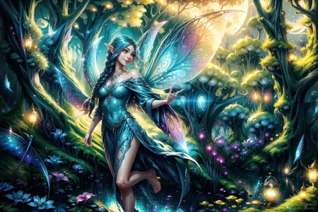 <lora:FeyAndFairies:1> FeyFa, magical fantasy, scene, forest, river, shrine, moonlight, <lora:Fairy:1> fairy, wings, long hair, pointy ears, bare legs, barefoot, sheer dress, off shoulder, smile, braid, best quality, masterpiece, <lora:more_details:0.65>, 1girl, solo