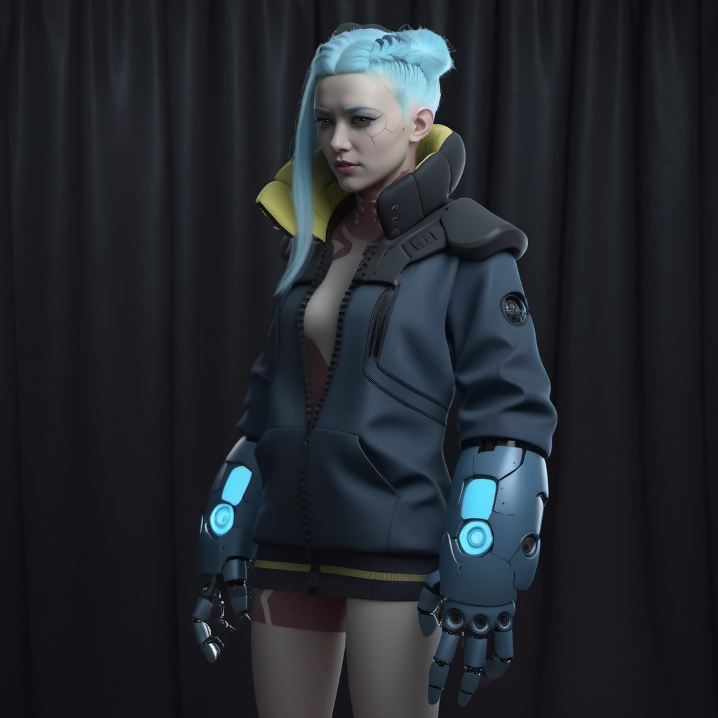 a woman with light blue skin, ligh blue hair, wear a jacket, robotic big hands, cyberpunk background, highly detailed, photography, ultra sharp, film, bokeh, professional, 64k <lora:Rebecca1024:0.8>